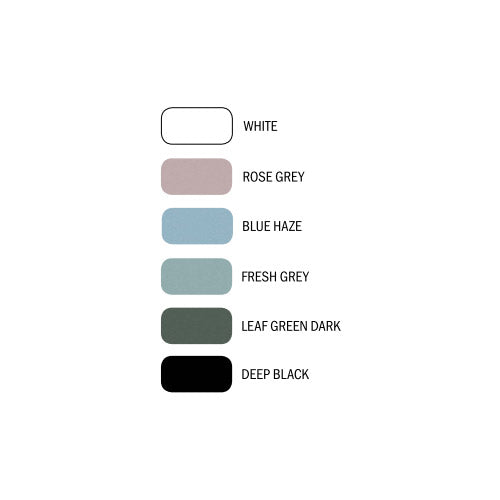 A color options chart on a white background showing six swatches with labels: an empty white outline for White, a dusty rose rectangle for Rose Grey, a light blue rectangle for Blue Haze, a muted green-grey rectangle for Fresh Grey, a dark green-grey rectangle for Leaf Green Dark, and a black rectangle for Deep Black.